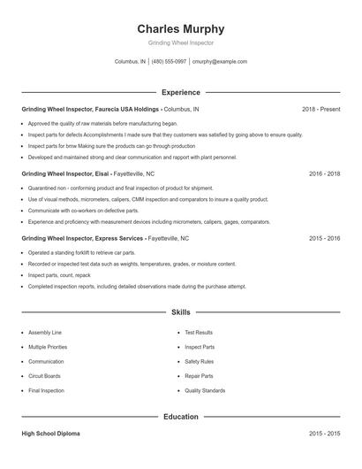 Grinding Wheel Inspector Resume