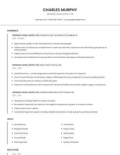 Grinding Wheel Inspector Resume