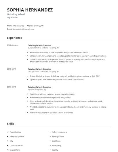 Grinding Wheel Operator Resume