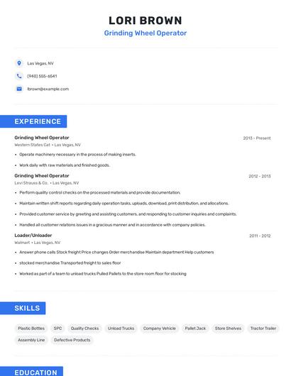 Grinding Wheel Operator Resume