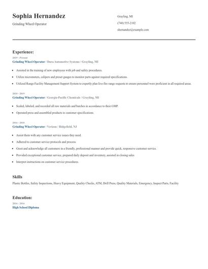 Grinding Wheel Operator Resume