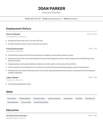 Grocery Checker Resume