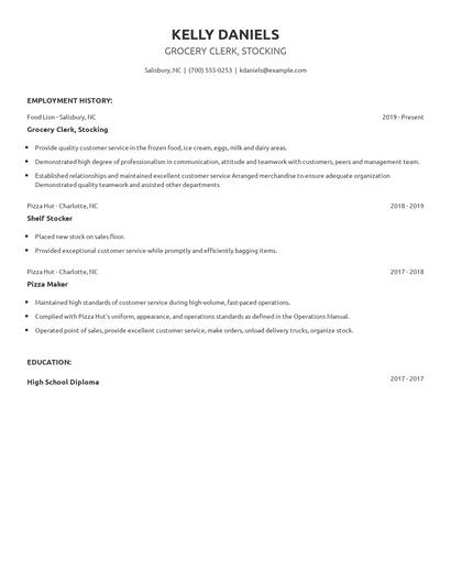 Grocery Clerk, Stocking Resume