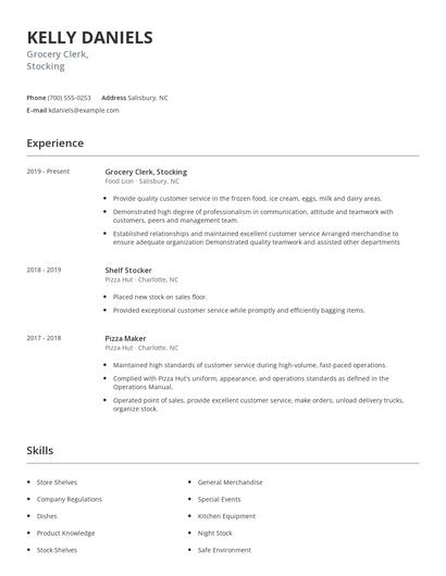 Grocery Clerk, Stocking Resume