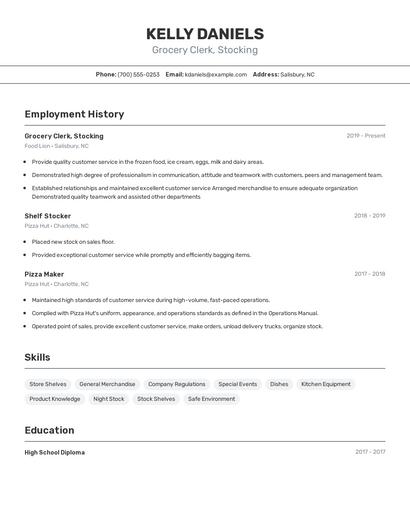 Grocery Clerk, Stocking Resume