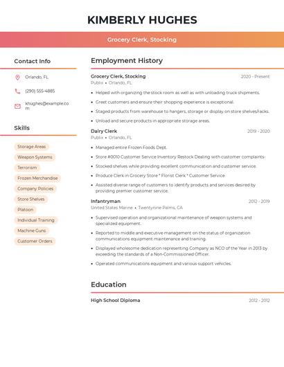 Grocery Clerk, Stocking Resume