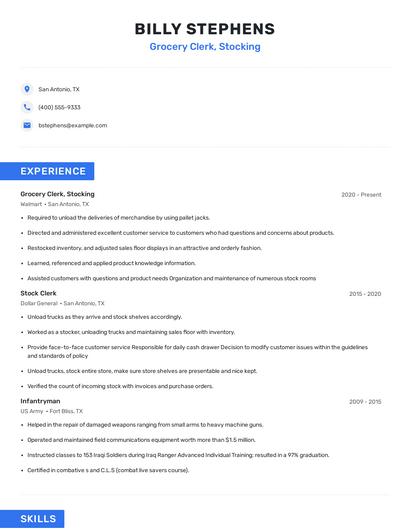 Grocery Clerk, Stocking Resume