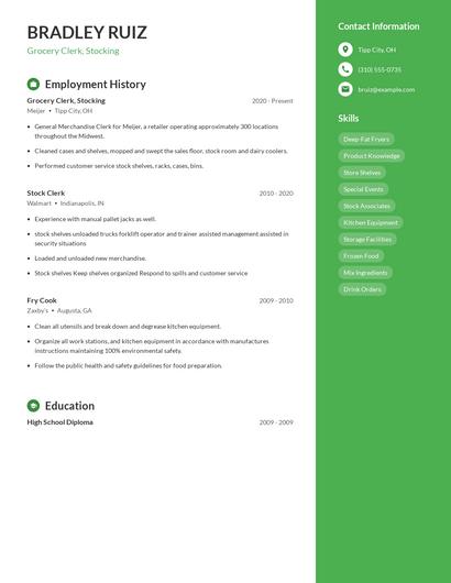 Grocery Clerk, Stocking Resume