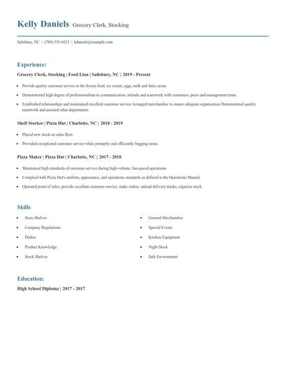 Grocery Clerk, Stocking Resume