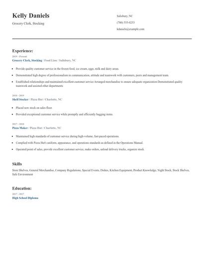 Grocery Clerk, Stocking Resume