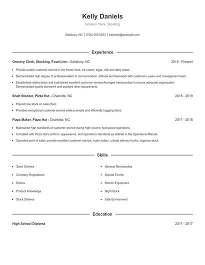 Grocery Clerk, Stocking Resume