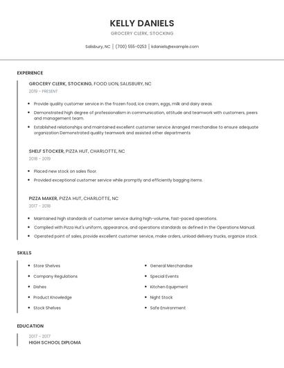 Grocery Clerk, Stocking Resume
