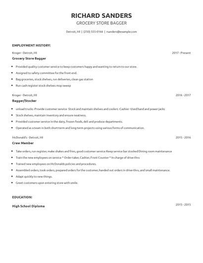 Grocery Store Bagger Resume