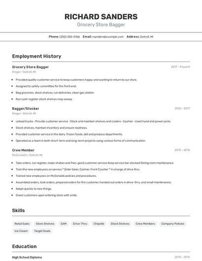 Grocery Store Bagger Resume