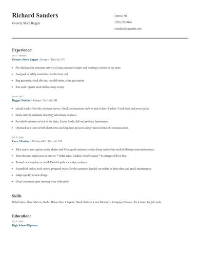 Grocery Store Bagger Resume