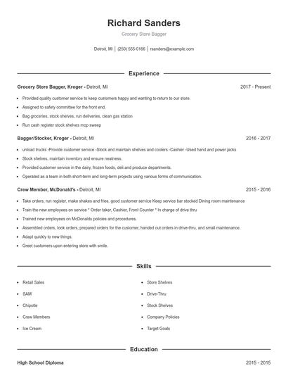 Grocery Store Bagger Resume
