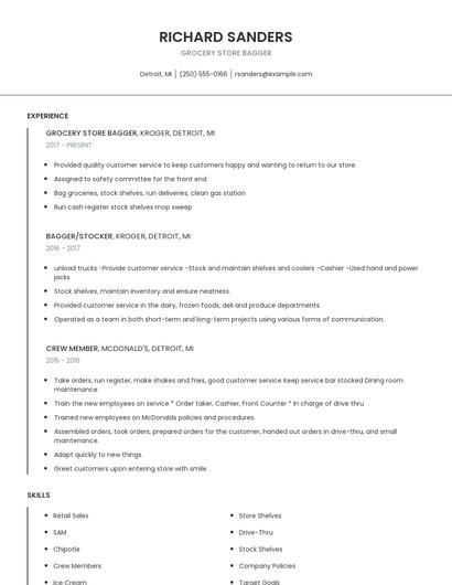 Grocery Store Bagger Resume