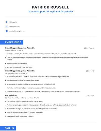 Ground Support Equipment Assembler Resume