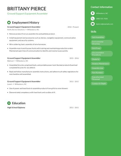Ground Support Equipment Assembler Resume