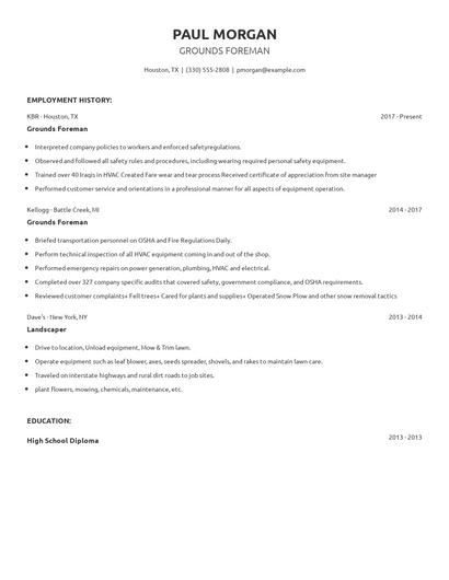 Grounds Foreman Resume
