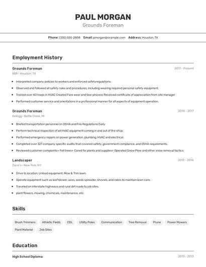 Grounds Foreman Resume