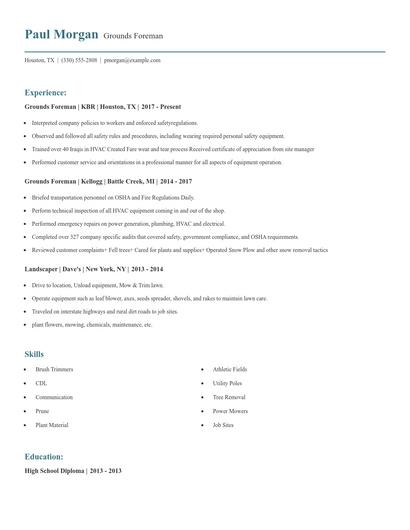 Grounds Foreman Resume