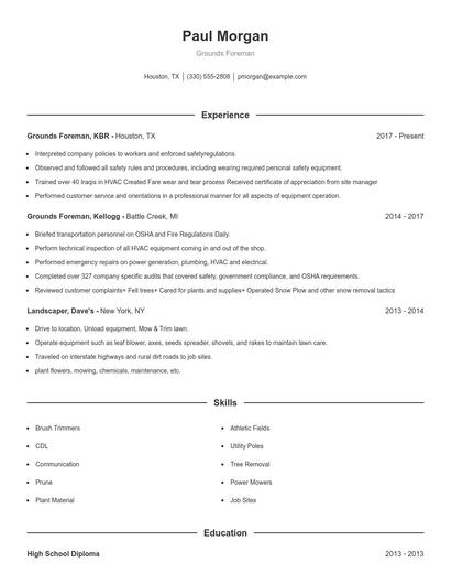 Grounds Foreman Resume