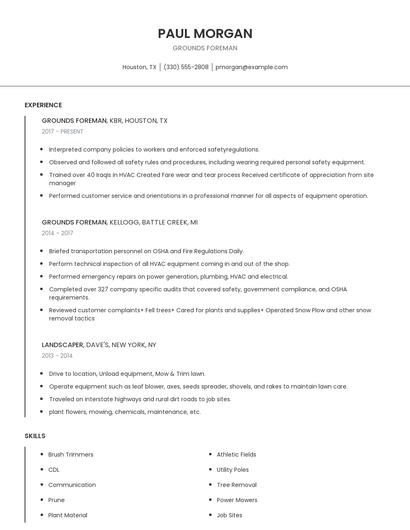 Grounds Foreman Resume