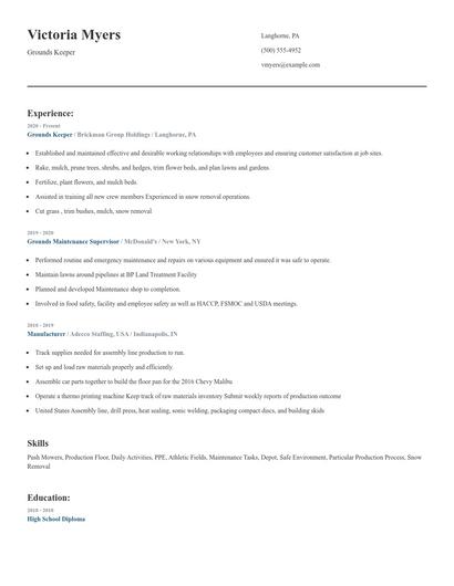 Grounds Keeper Resume