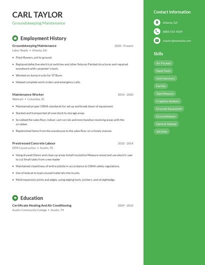 Groundskeeping Maintenance Resume