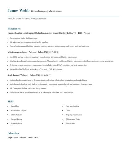 Groundskeeping Maintenance Resume