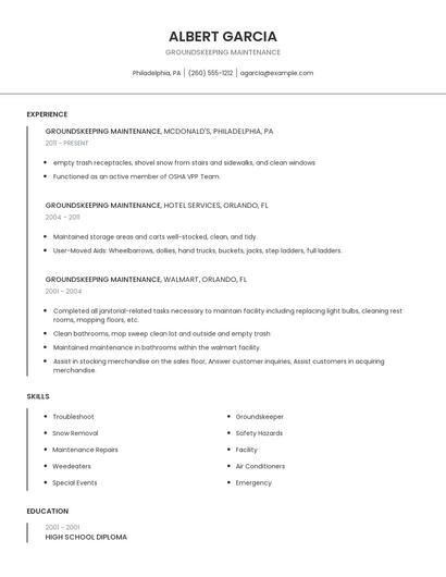 Groundskeeping Maintenance Resume