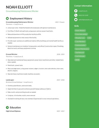 Groundskeeping Maintenance Worker Resume