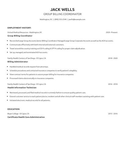 Group Billing Coordinator Resume