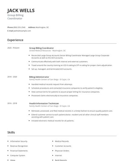 Group Billing Coordinator Resume