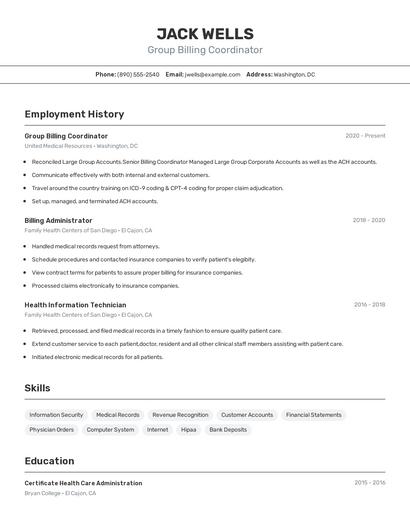 Group Billing Coordinator Resume
