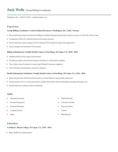 Group Billing Coordinator Resume