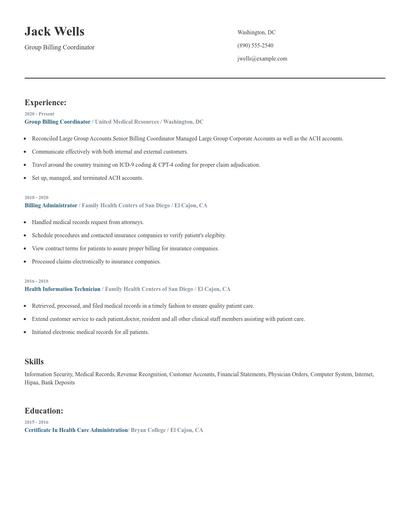 Group Billing Coordinator Resume
