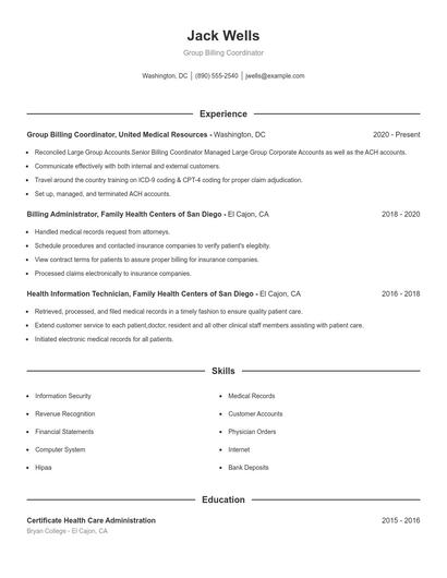 Group Billing Coordinator Resume