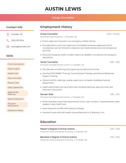 Group Counselor Resume
