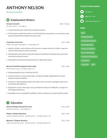 Group Counselor Resume