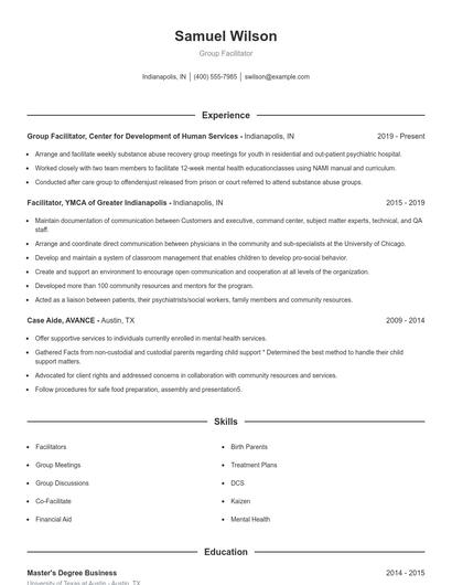 Group Facilitator Resume