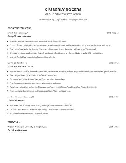 Group Fitness Instructor Resume