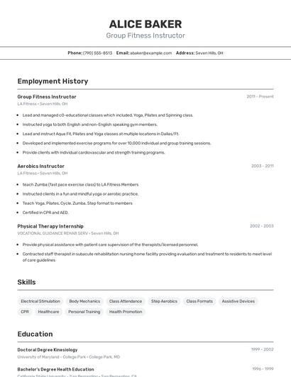 Group Fitness Instructor Resume