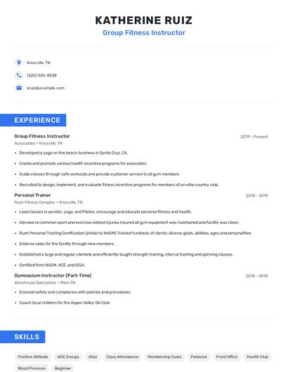Group Fitness Instructor Resume