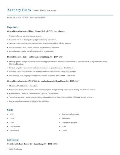 Group Fitness Instructor Resume