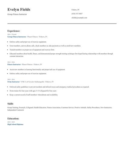 Group Fitness Instructor Resume