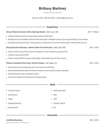 Group Fitness Instructor Resume