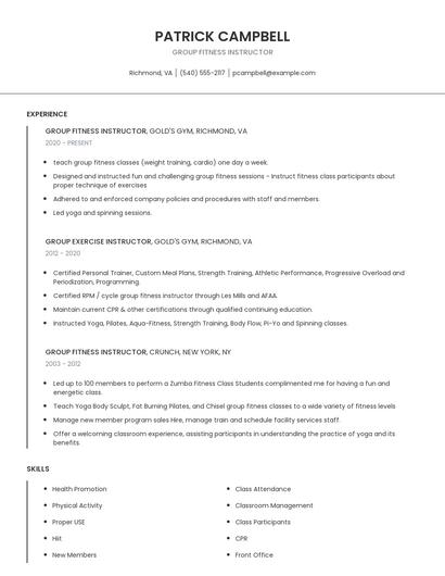 Group Fitness Instructor Resume
