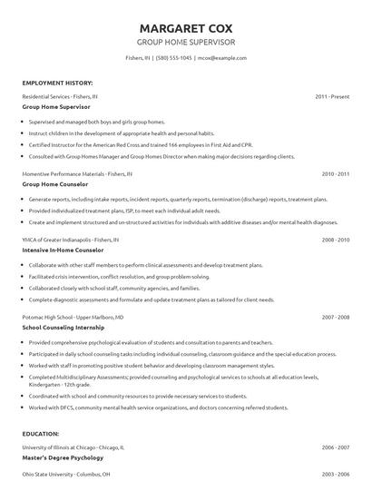 Group Home Supervisor Resume